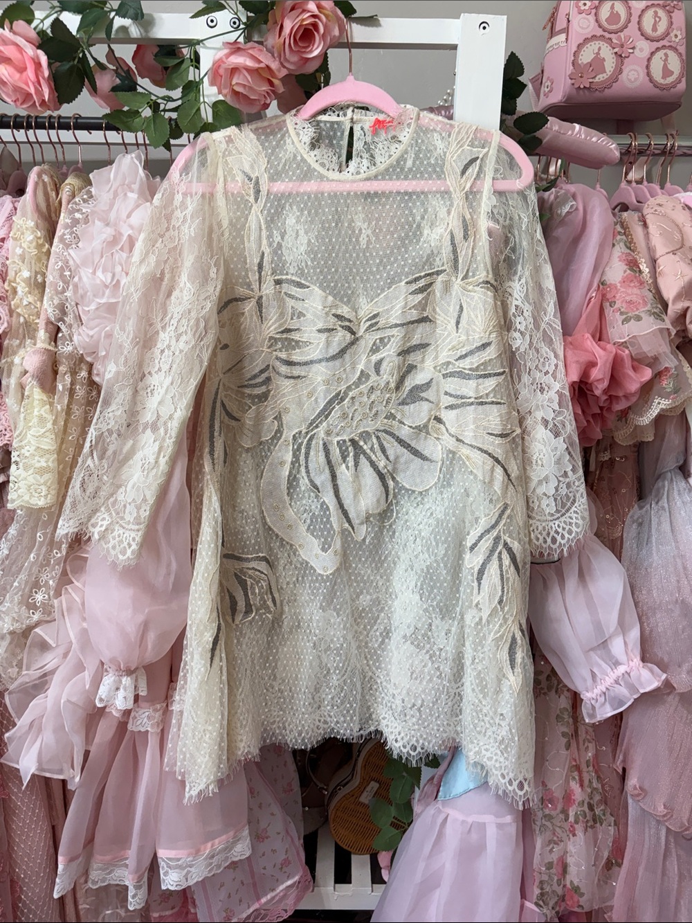Free People Cream Lace Mini Dress with Floral Embroidery